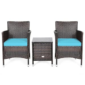 3-Piece Brown Wicker Outdoor Bistro Set with Blue Cushions