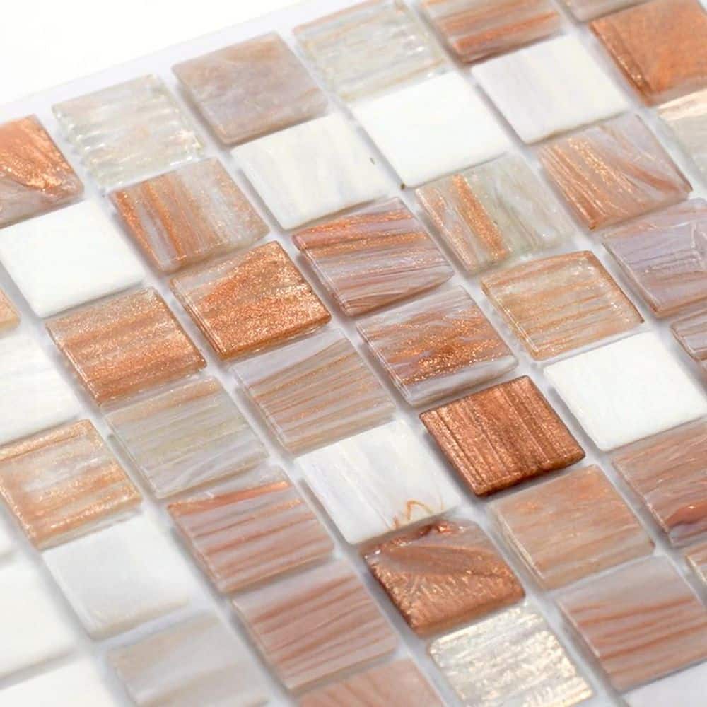 Glossy Beige and White Iridescent Glass Mosaic Tile