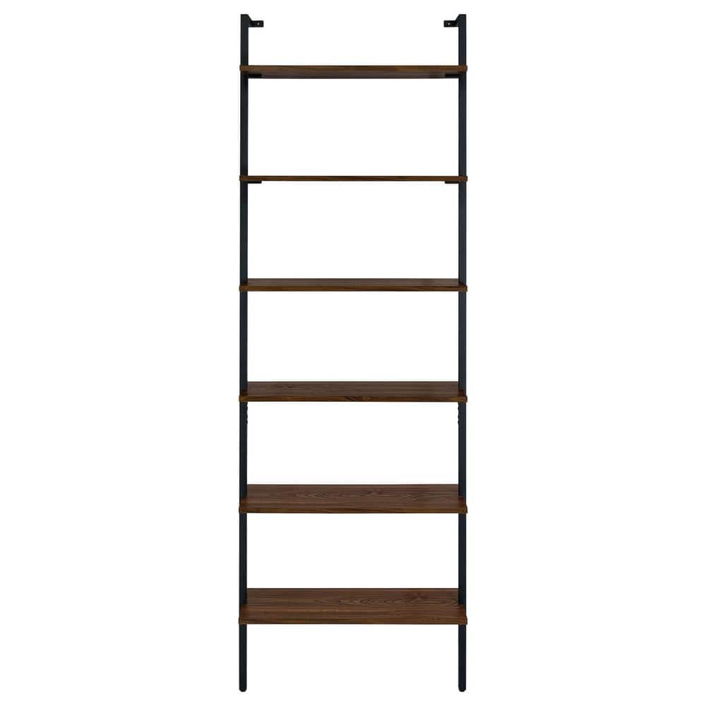 Walnut and Black 31-Inch 6-Shelf Wall Bookshelf