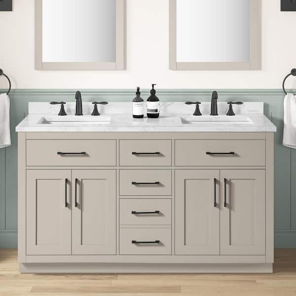 Athea 60 in. Double Sink Greige Bath Vanity with White Engineered Marble Top and Integrated Power Outlet (Assembled)