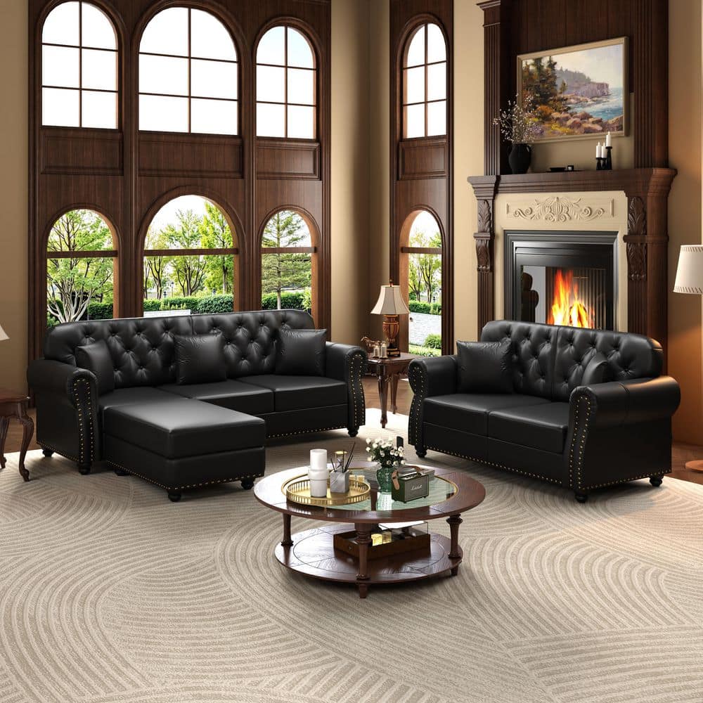 Polibi 82.6 in. Rolled Arm Faux Leather Rectangle Sofa in Black