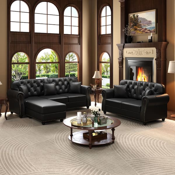 Polibi 82.6 in. Rolled Arm Faux Leather Sofa in Black with