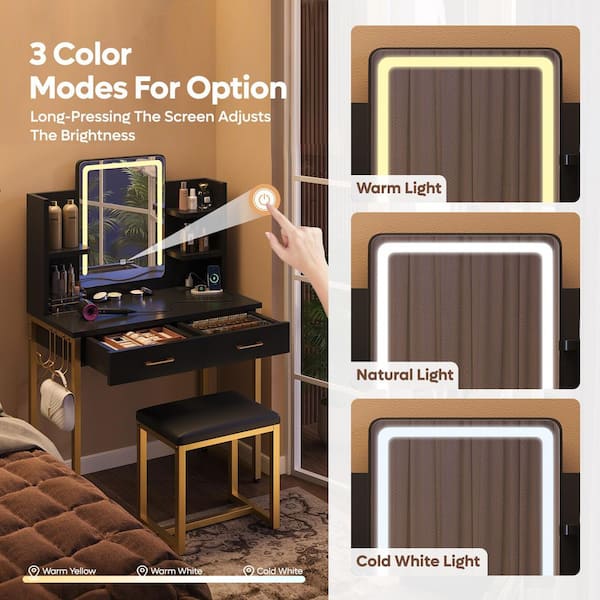 2-Drawers Black LED Light Makeup Vanity Sets with Touch Screen Dimming Mirror, Bulid-in Outlets and Storage Shelves