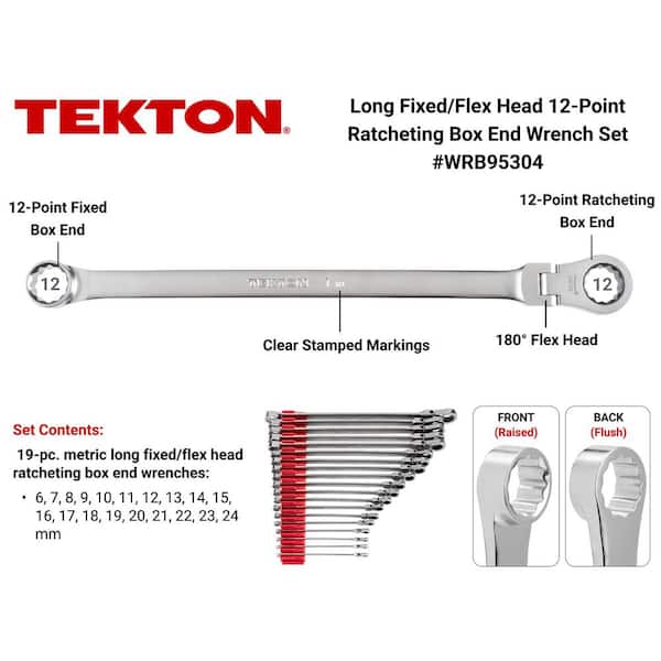 Long Fixed/Flex Head 12-Point Ratcheting Box End Wrench Set with Modular Organizers, 19-Piece (6-24 mm)