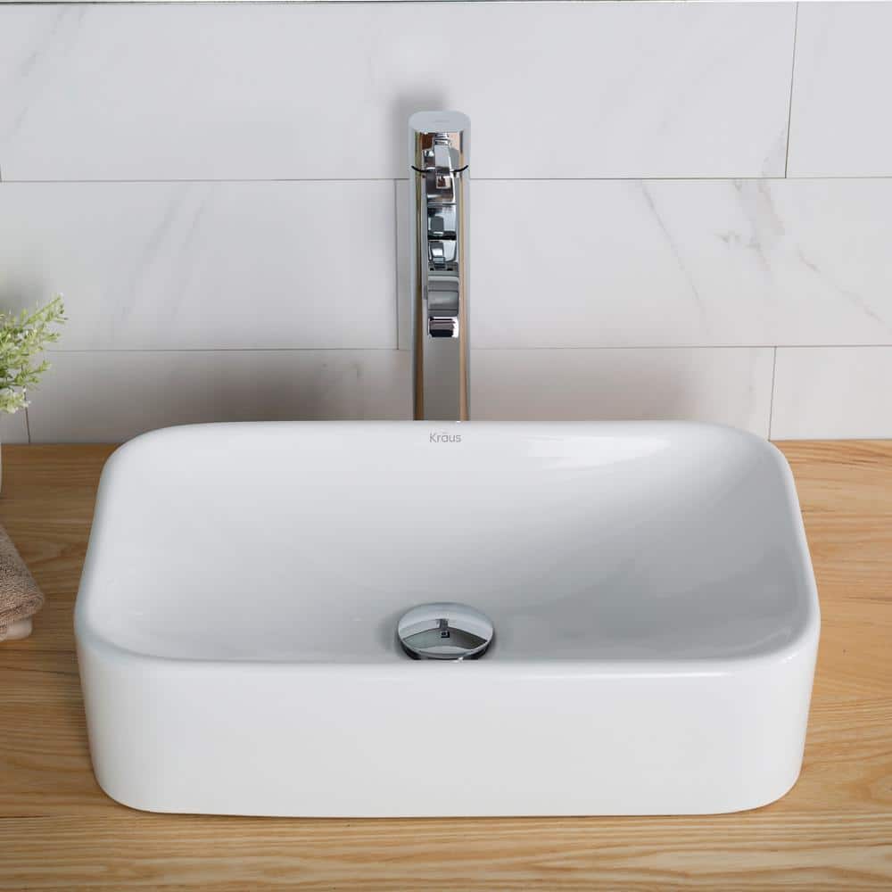White Ceramic Rectangular Vessel Sink with Chrome Faucet
