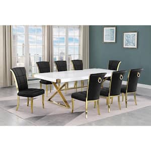 Miguel 9-Piece Rectangle White Wood Top Gold Stainless Steel Dining Set with 8 Black Velvet Chairs