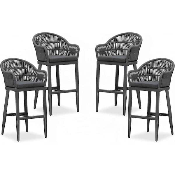 Modern Aluminum Rattan Bar Height Outdoor Bar Stool with Back and Grey Cushion (4-Pack)