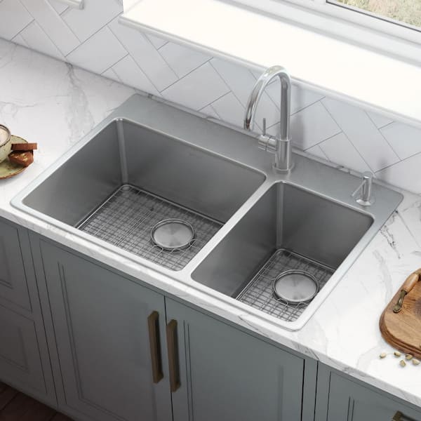 Modena 33 in. Drop-in Topmount 70/30 Double Bowl 16-Gauge Stainless Steel Kitchen Sink with Gently Rounded Corners