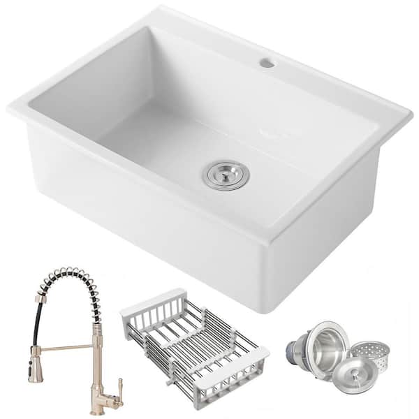 Workstation 30 in. Drop-In Single Bowl White Fireclay Kitchen Bundle and Faucets with Basket Strainer