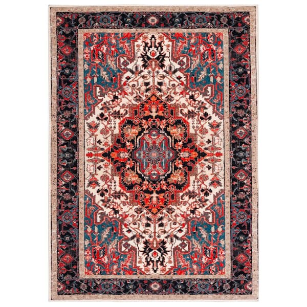 SAFAVIEH Riviera Ivory/Blue 4 ft. x 6 ft. Machine Washable Medallion Border Geometric Area Rug