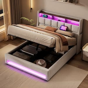 Natural(Beige) Wood Frame Full Linen Platform Bed with LED Lights, Hydraulic Storage, USB Charging, Storage Headboard
