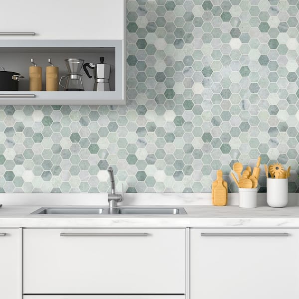 Icelandic Green 2 in. Hexagon 12 in. x 12 in. x 0.38 in. Polished Marble Mesh-Mounted Mosaic Tile (9.8 sq. ft./case)