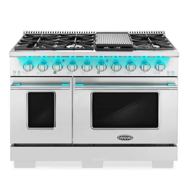 48 in. Vista Collection 5.5 cu. ft. Double Oven Gas Range, 8 Burners, LED Panel, Cast Iron Grates, Stainless Steel