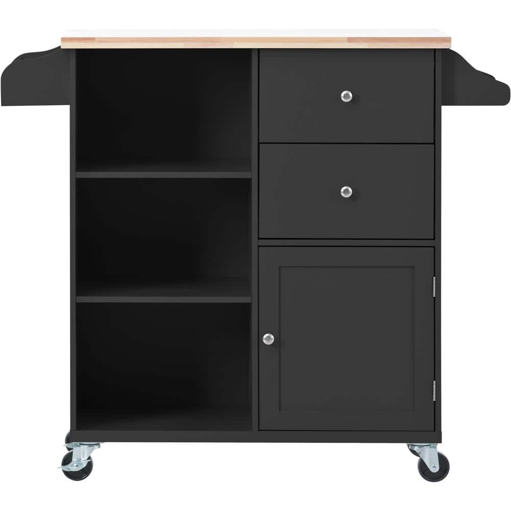 Tileon Black Rubber Wood top Kitchen Cart on 4Wheels with 2Drawers and 3Open Shelves