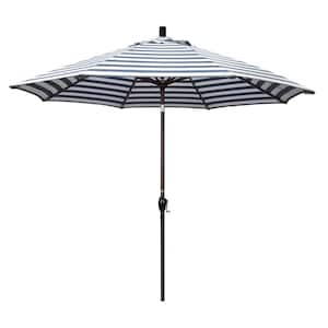 9 ft. Aluminum Market Push Tilt - Bronze Patio Umbrella in Navy White Cabana Stripe Olefin