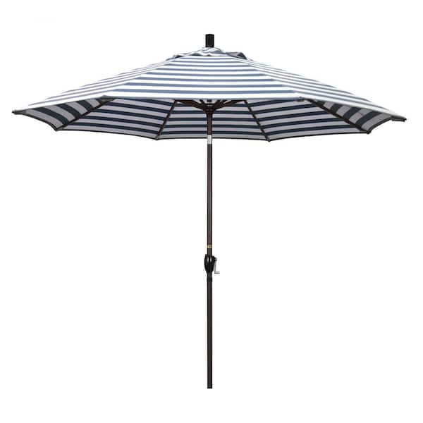 California Umbrella 9 ft. Aluminum Market Push Tilt - Bronze Patio Umbrella in Navy White Cabana Stripe Olefin