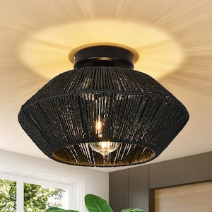 12.8 in. 1-Light Black Country/Farmhouse Semi-Flush Mount Ceiling Light with Hemp Rope Cage Shade