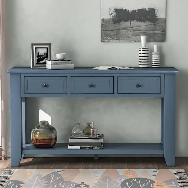55.1 in. Blue Rectangle Wood Console Table with 3 Drawers and 1 Shelf
