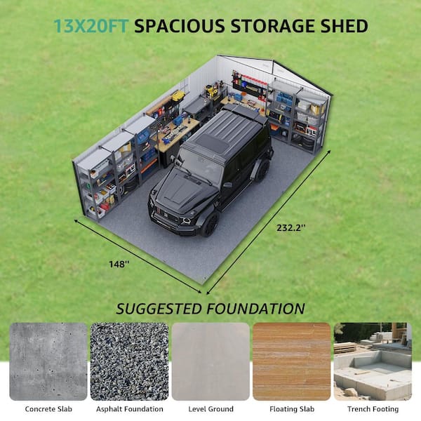 13 ft. W x 20 ft. D Gray Metal Outdoor Garage Shed with Windows