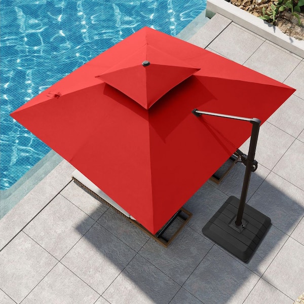 10.5 ft. Square Aluminum Double Top 360° Rotation Outdoor Cantilever Patio Umbrella in Red with Fillable Base Weights