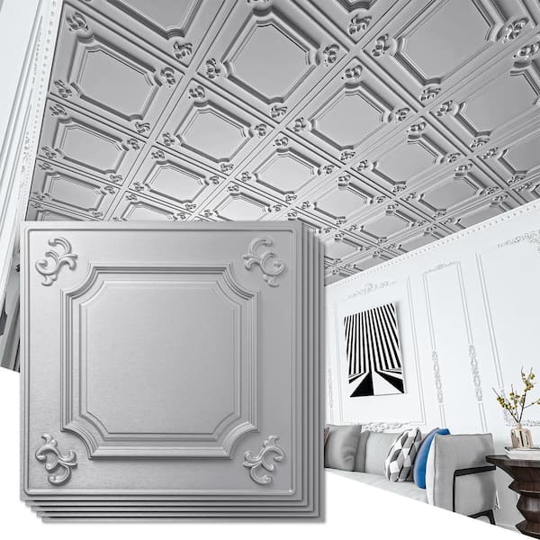 Art3dwallpanels Silver 2 ft. x 2 ft. Decorative Drop Ceiling Tiles ...