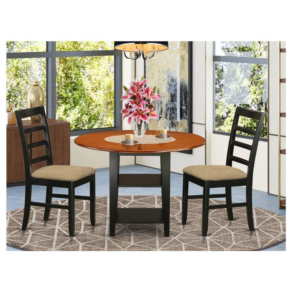 3-Piece Black and Cherry Finish Round Solid Wood Top Dining Table Set