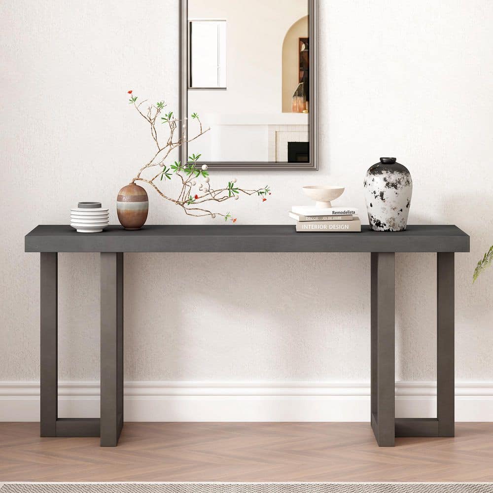 63 in. Gray Rectangle Pine Wood Console Table with Solid Pine Legs