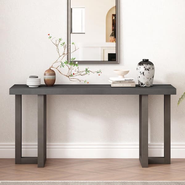 63 in. Gray Rectangle Pine Wood Console Table with Solid Pine Legs