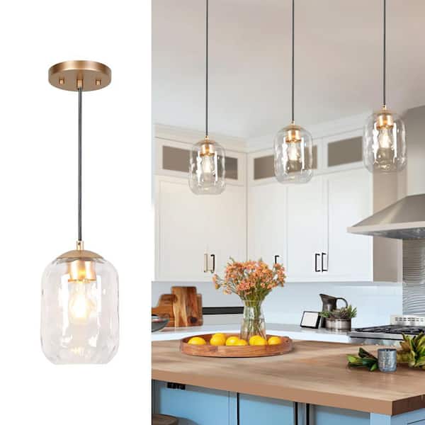 Modern Farmhouse 1-light Dark Gold Pendant Light, Water Glass Shade Hanging Light, Mini Chandelier for Dining Room