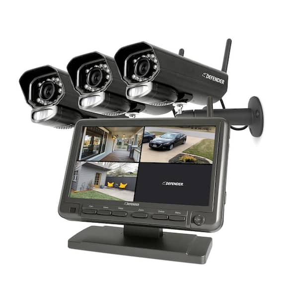 Defender PHOENIXM2 Non-Wi-Fi Plug-In Power Security Camera System with 7 in. Monitor SD Card Recording and 3 Night Vision Cameras