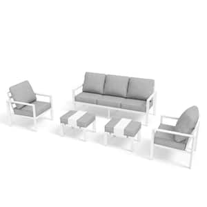 White 5-Piece Aluminum Outdoor Patio Conversation Sectional Seating Set with Ottoman and Light Gray Cushions