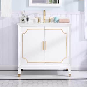 36 in. Solid Wood Freestanding Bath Vanity in White, White Quartz Top with Sink, Soft-Close Door, Brushed Gold Accents