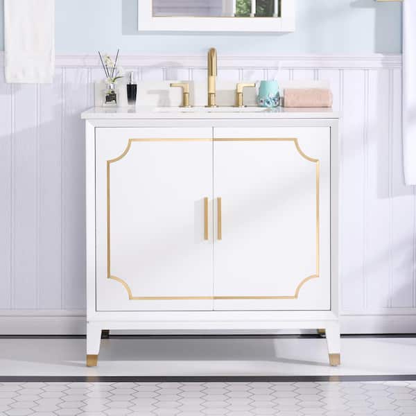 ANGELES HOME 36 in. Solid Wood Freestanding Bath Vanity in White, White Quartz Top with Sink, Soft-Close Door, Brushed Gold Accents