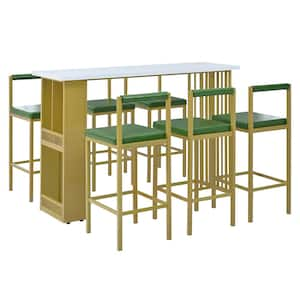 7-Piece Multi-Functional Modern Counter Height MDF Top Dining Bar Table Set with 6-Upholstered Stools(White and Green)