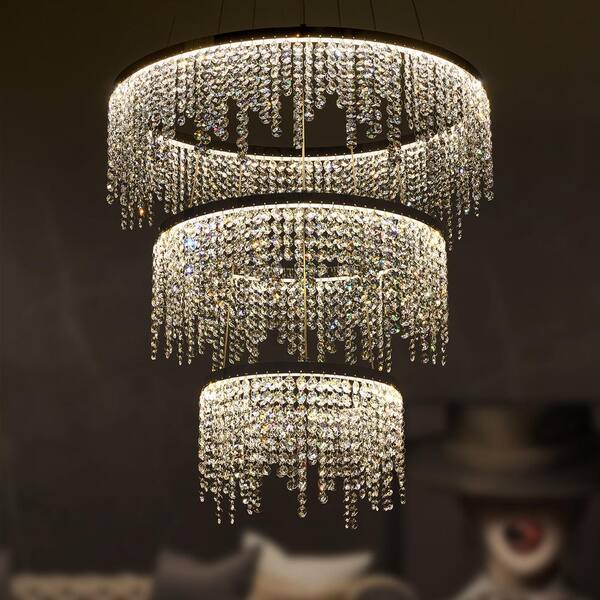3-Lights Integrated LED Crystal Chandelier 3-Tiers Hanging Ceiling Light Pendant Light Fixture for Dining Room