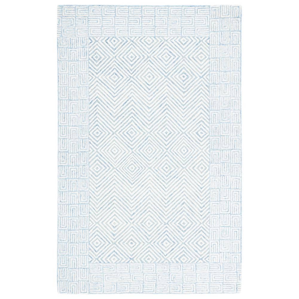 Light Blue and Ivory Hand-Tufted Wool Geometric 6' x 9' Area Rug