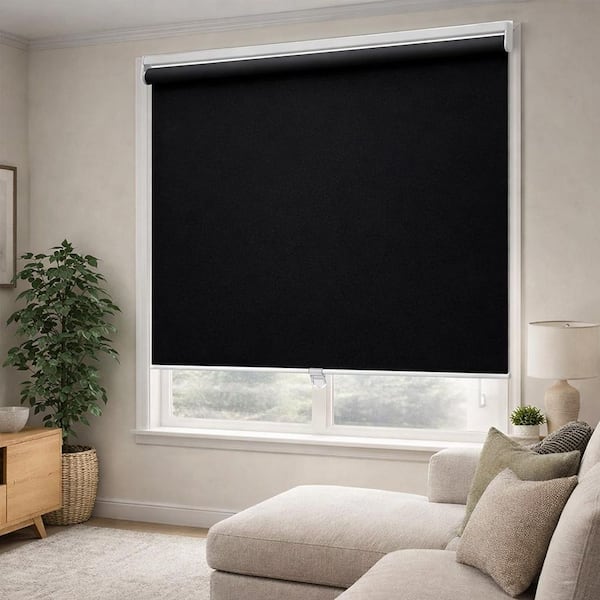 Black Cordless Blackout Polyester Fabric Roller Shades with Spring