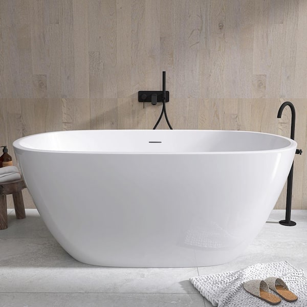 55 in. x 29.5 in. Acrylic Freestanding Soaking Bathtub Oval Flatbottom Tub with Center Drain Free Standing Tub in White