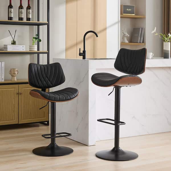 25 in. Black Leather Walnut Bentwood Swivel Bar Stools Mid Century Modern Adjustable Height (Set of 2)