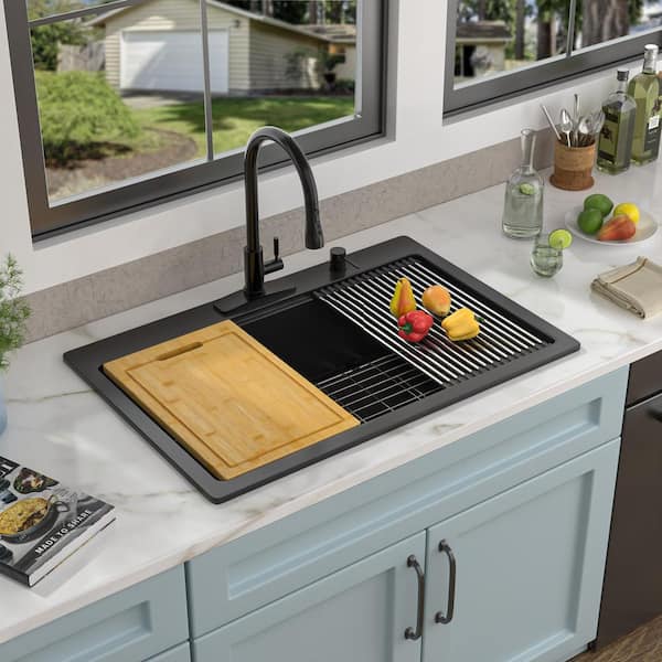 33 in. Drop In Single Bowl Black Quartz Composite Workstation Kitchen Sink with Bottom Grids and Strainer