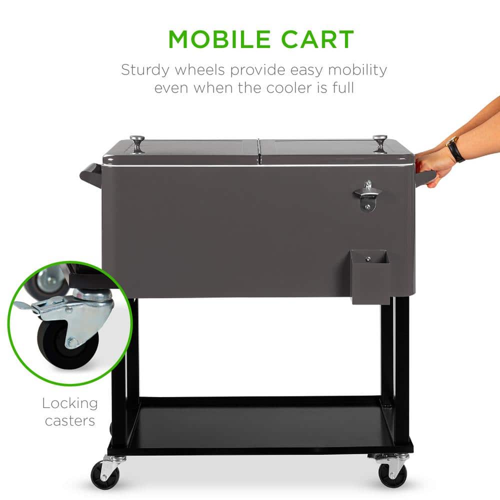 Gray 80-Quart Steel Rolling Cooler Cart with Wheels and Bottle Opener