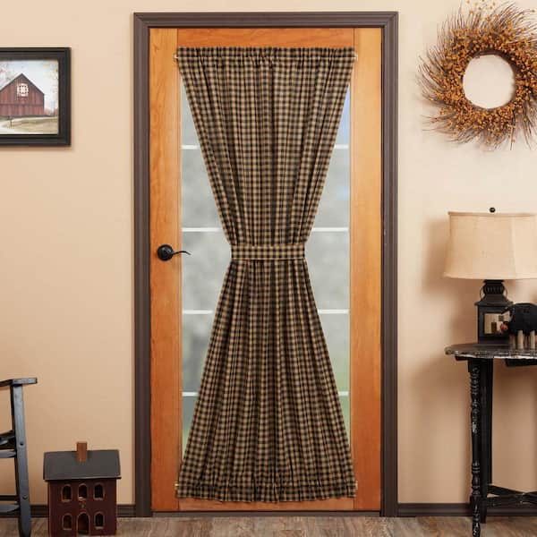 Primitive Check 40 in. W x 72 in. L Light Filtering Rod Pocket French Door Window Panel in Raven Khaki