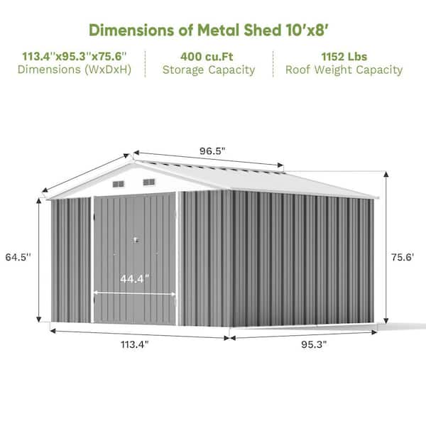 10 ft. W x 8 ft. D Metal Storage Shed for Outdoor, Galvanized Steel Yard Shed , Grey (80 sq. ft.)