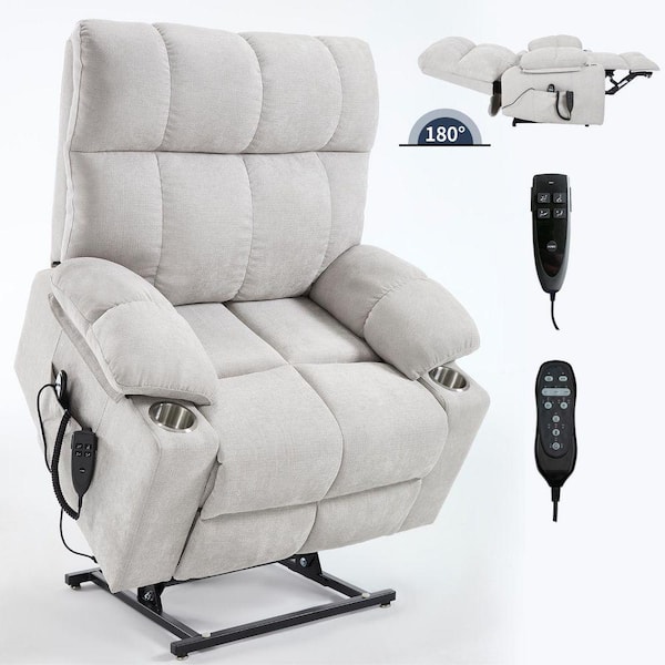 Beige Dual-Motor Chenille Power Lift Recliner with 8-Point Vibration Massage, Lumbar Heating and Dual Cup Holders