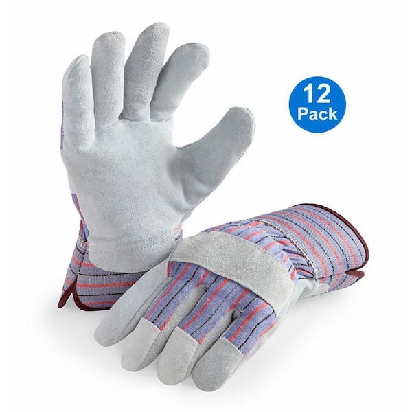 Leather Palm Work Gloves, Safety Cuff, 12 Pair Value Pack