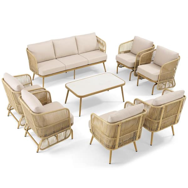 8-Piece Wicker Patio Conversation Set with Beige Cushions,  Family Outdoor Chair Set