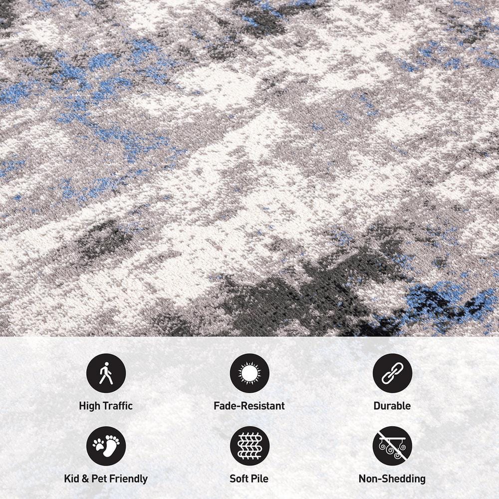 Blue and Gray Abstract 5' x 7' Stain-Resistant Synthetic Area Rug