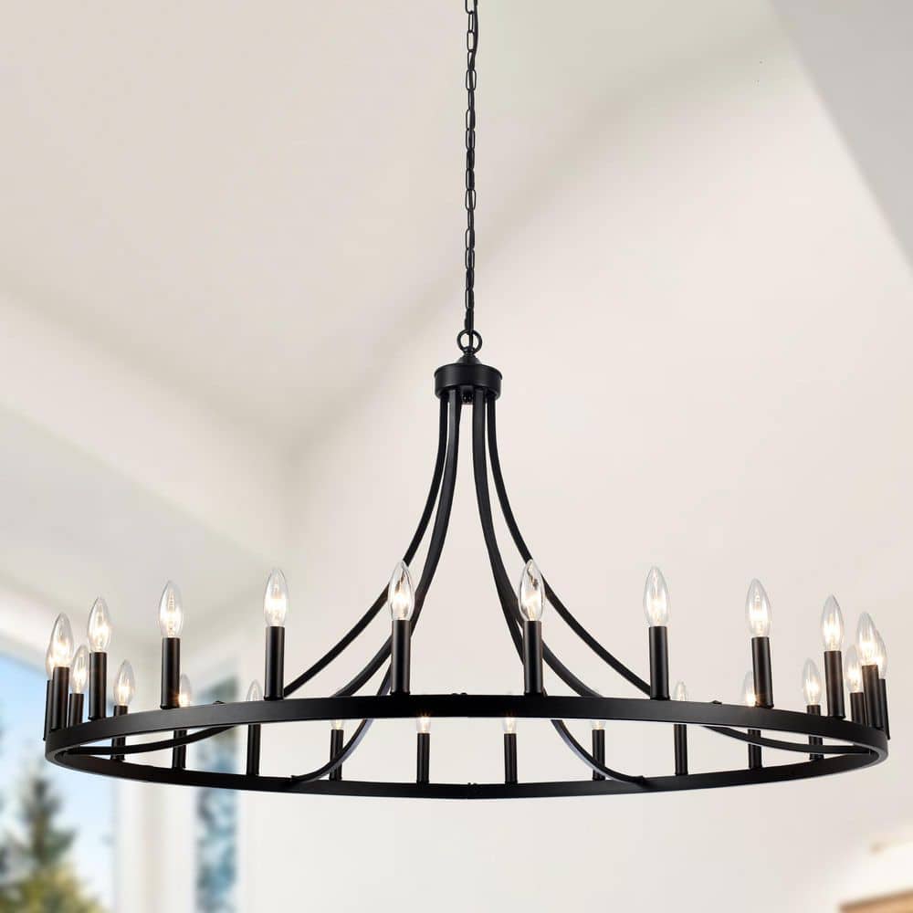 47 in. 24-Light Black Modern Farmhouse Wagon Wheel Chandelier Round Iron Hanging Light Fixture for Kitchen Island Foyer price history on PriceWatchPro