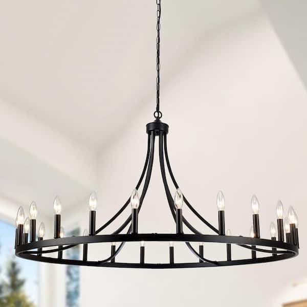 47 in. 24-Light Black Modern Farmhouse Wagon Wheel Chandelier Round Iron Hanging Light Fixture for Kitchen Island Foyer