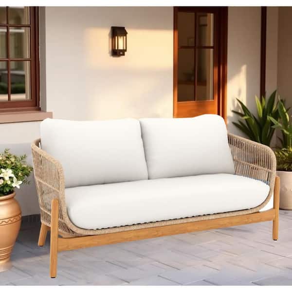 Benjara 70.16 in. White and Brown Solid Polyester 2-Seater Loveseat with Wooden Frame